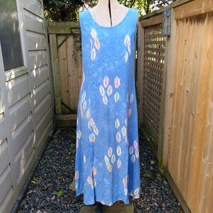 Vintage Hawaiian Dress Sz Medium Blue Tropical Leaf Batik Maxi Long Boho Hippy